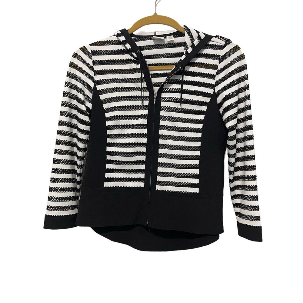 Zenergy By Chicos Neema Mesh‎ Black White Striped Hooded Jacket Size 0